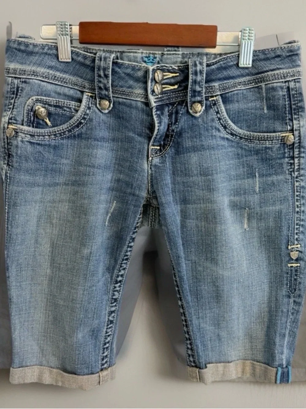 Sang Real Women's Long Jean Shorts Cuffed Distressed Bermuda Sz 27